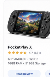 PocketPlay X product card with rating, specs, and read review button